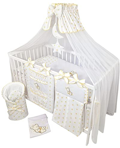 Bello24 - 16 Teiliges Babybett Kinderbett und Bettwäsche komplett Set Timmi inkl. Matratze höhenverstellbar für Neugeborene Babys und Kleinkinder (Teddybär Mond goldene Sternchen)