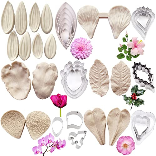 12set Gum Paste Flower Silicone Veiner Moulds with Fondant Flower Cutter | Sugarcraft Petal Veining Mould,Flower Petal Cutter,Cookie Cupcake Topper,Cake Decorating Tools,Polymer Clay,Cold Porcelain