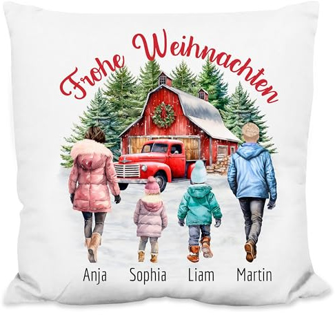 Kissen personalisiert mit Namen & Figuren „Frohe Weihnachten“ – Familien-Motiv - 40x40cm, inkl. Kissen-Füllung | Zierkissen Deko Weihnachtskissen Weihnachts-Geschenk (Flauschiges Kissen)