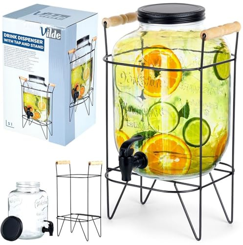 Brocca in vetro dispenser per bevande, con rubinetto e supporto nero, 5 l