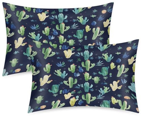 TULIMET Cactus Cute Satin Pillowcase with Zipper for Hair and Skin Pillow Cases Queen Size Set of 2 Cooling Soft Pillow Covers 20x30 Inches