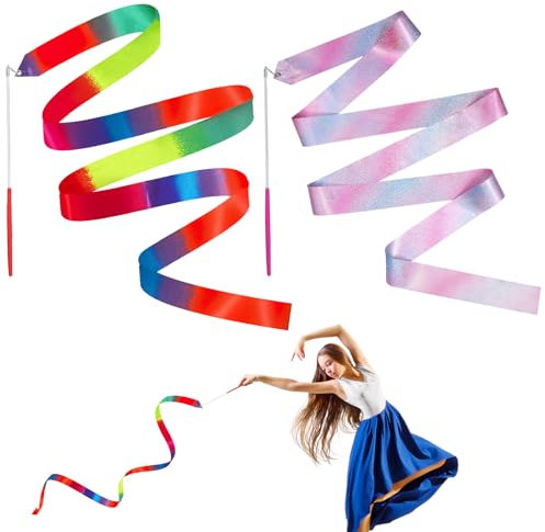 2 Piezas Cintas de Baile, 4M Cintas de Danza Cinta de Gimnasia Cinta Gimnasia Rítmica Niña Cintas de Ballet para Gimnasia de Baile Artístico Ballet Espectáculos de Carnaval de Circo Bastón