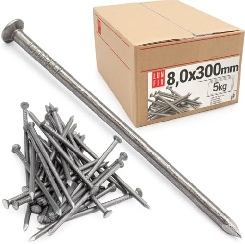 Lun Fix Lápices de alambre 8,0 x 300 mm – 5 kg (40 unidades) clavos de madera para construcción sin galvanizar clavos de acero de 300 mm de largo, clavos desnudos cabeza avellanada