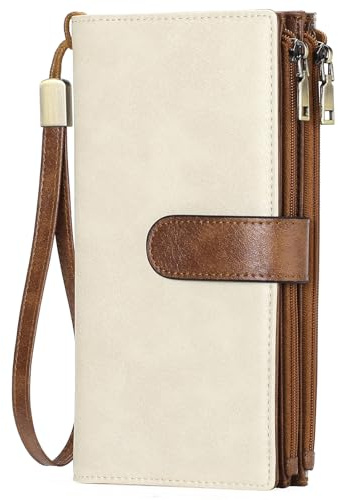 GOIACII Damen Leder Geldbörse mit Handgelenkband, Große Kapazität Portemonnaie mit 2 Reißverschlussfach, RFID-Schutz Brieftasche für Damen Creme Braun