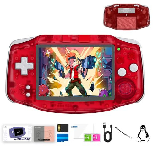 RG 34XX Console di gioco portatile retrò con sistema Linux a 64 bit Schermo IPS da 3,4 pollici Compaired con 32 GB+64 GB TF Card 3500 mAh batteria e lettore video supporta formati trasparente rosso
