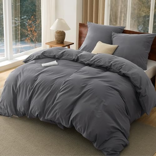 BEDSURE Ropa de cama de 135 x 200 cm, algodón de 4 piezas, color antracita, juego de 2 unidades con 2 fundas de almohada de 80 x 80 cm, textura similar al lino lavado, Öko-Tex, color gris con