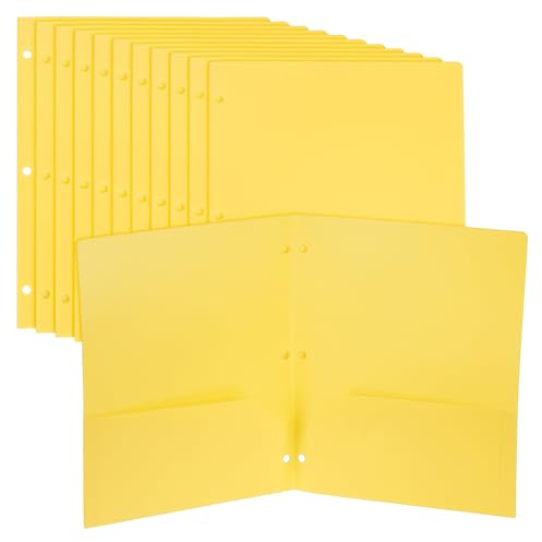 PATIKIL 2-Taschen-Ordner, 12er-Pack, robuste Poly-Taschenordner im Briefformat, 3-Loch-Projektordner mit Visitenkartenschlitz, passend für 3-Ring-Ordner im Büro und zu Hause, Gelb