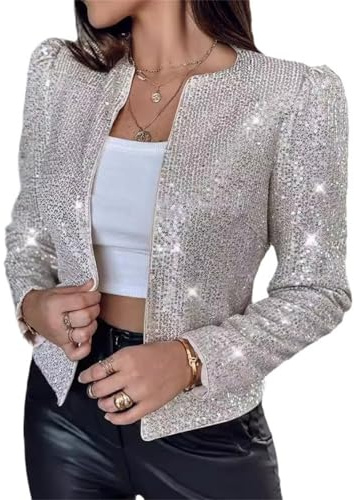 MINTLIMIT Damen Pailletten Bolero Vorne Offen Kragenlos Strickjacken Weihnachts Glitzer Funkelnd Blazer Jacke