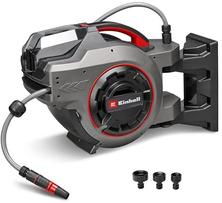 Einhell Tambor de manguera con batería GE-HR 18/30-1 Li-Solo Power X-Change (18 V, enrollado automático de manguera, pivotable hasta 180°, manguera y rociador de jardín de 30 m, sin batería)