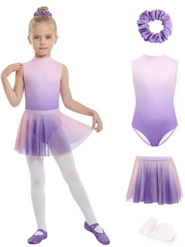 JiAmy Girls Ballet Leotards 4 Pcs Sleeveless Kid Gymnastics Dance Outfits with a Removable Tutu Skirt Ballerina Outfit Dancewear 130,Purple