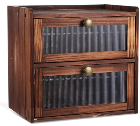TOPBATHY Wooden Bread Bin, Double Layer Bread Box with Ventilation Holes, Countertop Storage for Loaves, Rolls, Pastries and Packaged Snacks, Rustic Brown Kitchen Organiser