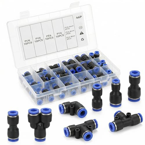 QWORK® 46 Pièces Connecteurs Pneumatiques Rapides - Connecteurs droits/coudes/en T/séparateurs de 6 mm et réducteurs 4-6, 4-8, 6-8 mm