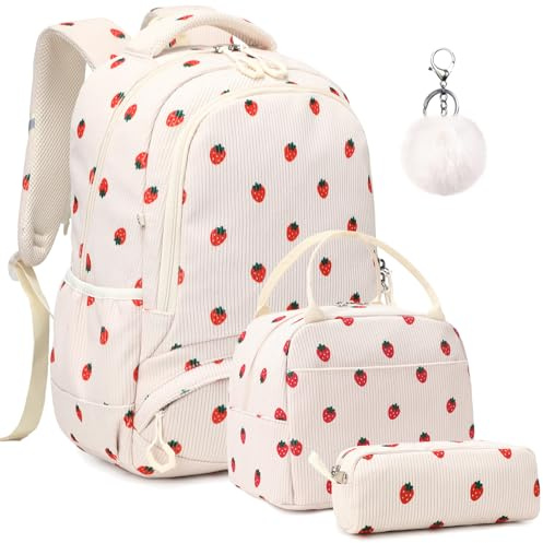 Kimwadalh Erdbeere Rucksack Schultasche Kinder Mädchen Schulrucksack Grundschüler Cord Rucksäcke Leicht Schulranzen 3 tlg. Schulrucksäcke Madchen für Schule, Reisen, Sport