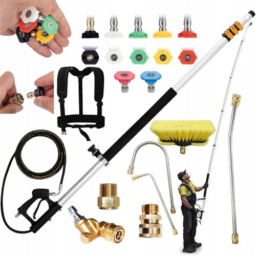 Rosfix Set Lance Télescopique PowerReach ProMax 6,3m – Aluminium Léger, 4000 PSI, 7 Buses, Brosse, Sangle | Pour Nettoyeur Haute Pression | Accessoire de Nettoyage Extérieur