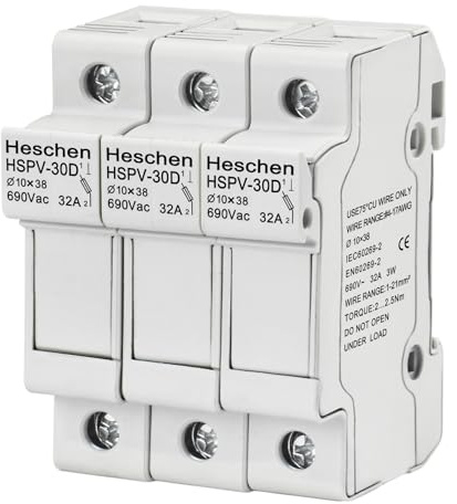 Heschen Zylindrischer Sicherungshalter Sockel, HSPV-30D 32A AC690V, 3-polige DIN-Schienenmontage, für RT18 RO15 10 x 38mm-Sicherung