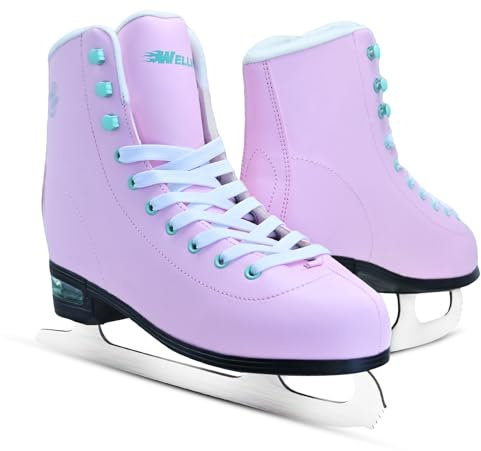 WELLWON Ice Skates for Women, Adult Figure Skates with Air Cushion, Classic Pink Figure Skating Shoes Size 8 with Velvety Lining for Indoor& Outdoor