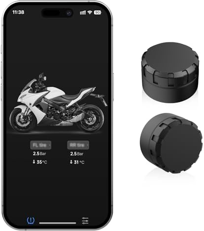 Moman Sistema di controllo della pressione dei pneumatici TPMS per moto con 2 sensori, con app, monitor della pressione e della temperatura dei pneumatici con funzione di allarme, compatibile solo con