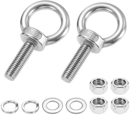 PATIKIL M12 x 40mm Eye Bolt, 2Pcs 304 Stainless Steel Thread Lifting Ring Set Shoulder Eyebolt with Lock Nuts Flat Washers for Hanging Hammocks Articles, Silver
