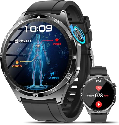 Marsyu Montre Connectée Homme Santé Smartwatch: 𝐄𝐂𝐆/𝐇𝐑𝐕/IMC/Acide Urique, 1,43 AMOLED Montre avec Appels Bluetooth, 24H Fréquence Cardiaque SPO2 Sommeil, Appel d'urgence SOS pour Android iOS