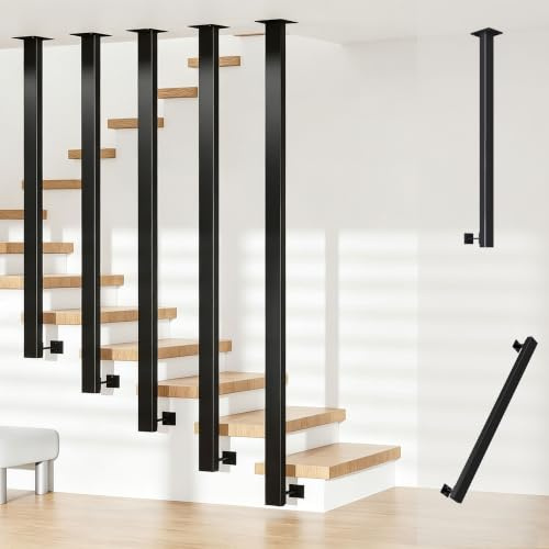 Treppengeländer Innen Außen, Handlauf Geländer Treppe Metall Schwarz, L Form Matt Geländerpfosten, Wandhandlaufe, Handläufe für Treppen Spleißbar, Treppenhandlauf für Dachböden Decke Flure160cm/62.9IN
