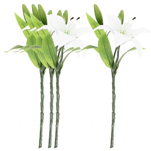 Gatuida Bouquet senza Annaffiatura e Riutilizzabile in Pvc Bianco 4 Pezzi di Gigli Finti Realistici per Feste e Decorazioni Casa Elegante