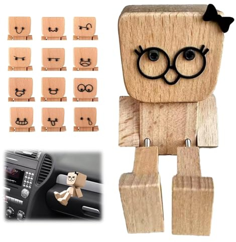 Yistoi Wackelnder Holzmann Auto Mit seinem Schleifendesign, Schüttelmann aus Naturholz mit 12 Lustigen Magnetischen Emoticon, Eignet es Sich Besser Als Geschenk für Mädchen (Wooden 2)