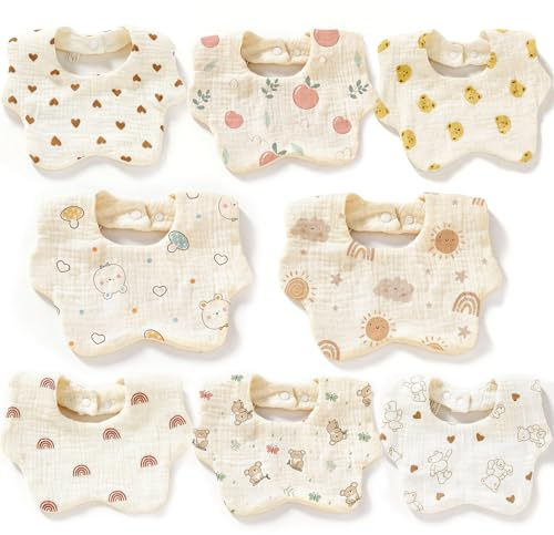 xolear 8 Stück Baby Lätzchen,100% Baumwolle Musselin Halstücher Baby Sabberlätzchen für Babys Saugfähig Unregelmäßige Petal Lätzchen mit Verstellbares Druckknopf für Neugeborene Jungen und Mädchen, B