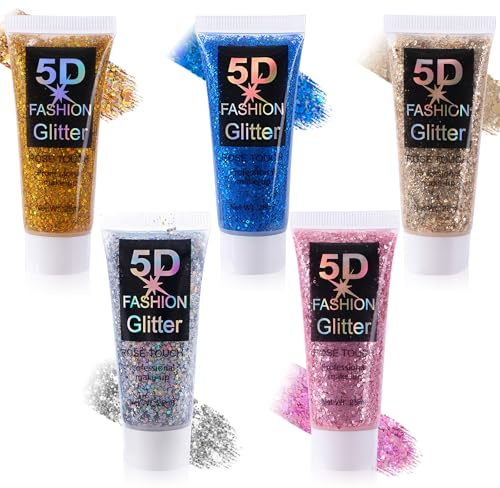 5 Stück Glitzer Gel Gesicht, Body Glitter Gel, Flüssiges Glitzerpulver für Urlaub und Partys, Geeignet für Gesicht, Haare, Lippen und Nägel (Gold, Terrakotta, Silberweiß, Rosa, Tiefblau)