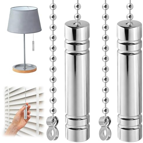 MADGININE 2 Pcs Bathroom Light Pull Cord Handle with 100cm Chrome Bead Chain, Cord Pulls String Replacement for Bathroom Toilet Ceiling Lights Fans Blinds (Silver)