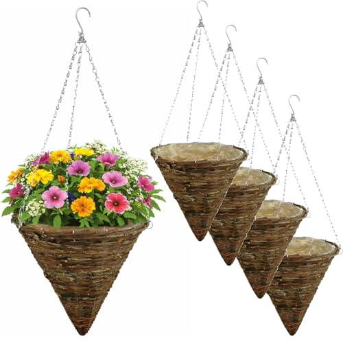 Almineez Set of 4 Hanging Basket Planters 12 Inch, Cone Wicker Flower Baskets with Detachable Chain, Natural Wall Hanging Pots for Indoor Outdoor Garden Decoration (4 x Hanging Baskets)