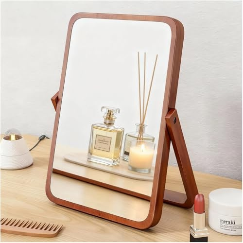 Tumecos Folding Bamboo Vanity Mirror, Tabletop & Wall Mounted 2-in-1 Makeup Mirror, Adjustable HD Rectangle Mirror with Sturdy Stand, Natural Bamboo Frame for Bathroom, Bedroom, Dressing Room,Gift,L