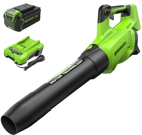 Greenworks 40V (130 MPH / 550 CFM ) Brushless Axial Leaf Blower, Ultra-Powerful for Wet Leaves, Heavy Debris, Gravel and Driveway Snow, Includes 4.0Ah Battery and Charger