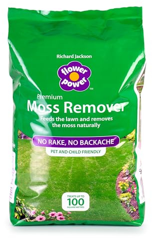 Richard Jackson Flower Power Moss Remover & Lawn Feeder, Organic Premium High Potash Formula, No Rake Easy to Apply, Treats up to 100 Sqm of Grass - 5kg Bag