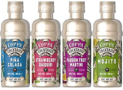 Premium Ready-to-Drink Mini Coppa Cocktails – Mojito, Strawberry Daiquiri, Pina Colada & Passion Fruit Martini (Pack of 4) | Cocktail Gift Set for Parties & Gifting