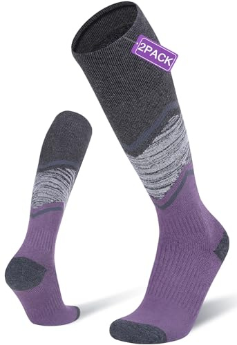 FITRELL 2 Pack Men's and Women's Ski Socks with Full Cushion Merino Wool Winter Thermal Knee High Warm Socks for Skiing Snowboarding, Purple, Small