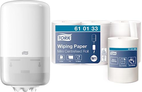 Tork Mini-Papierhandtuchspender mit Zentraleinzug zur Wandmontage + Nachfüllpackung - M1 - Mehrzweck-Wischpapier (3x120 Blatt)