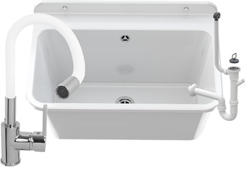 Granitan Ausgussbecken, FLEX Waschtischbatterie, 61x41x30 cm, Weiß | Waschbecken mit Abtropfschale Wandmontage aus Polypropylen, Universal Waschtrog mit Siphon, für Garage Keller Werkstatt