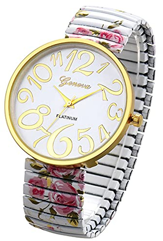 JewelryWe Uhren Damen Elastisch Metallarmband - Einfache Analog Quarz Armbanduhr Frauen Legierung Stretch-Armband Uhr mit ultraklaren großen Arabischen Zahlen Zifferblatt