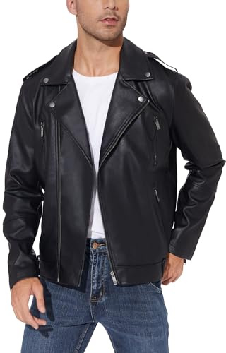 Fahsyee Lederjacke Herren, Kunstlederjacke Bomber Männer Motorrad Revers Zip-Up Slim Fit Biker Mantel Schwarz XL