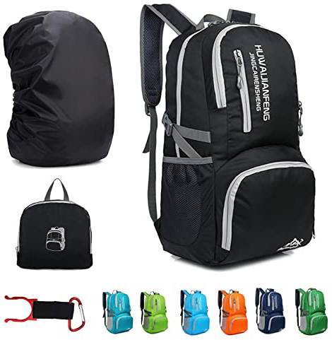 Lywencom Zaino da trekking, 30l sportivo leggero pieghevole impermeabile zaino ultraleggero per campeggio all'aperto picnic escursionismo corsa borsa scuola con pioggia(Nero)