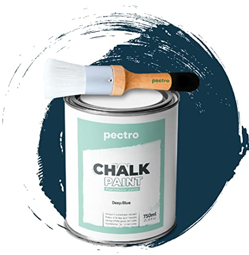 PACK Kreidefarbe für möbel 750ml + Malerpinsel speziell für Chalk Paint - Möbellack Natürlicher Kreideeffekt - Farbe für Holz (TIEFES BLAU)