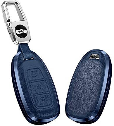 KUNIO Schlüsselhülle Passt für Hyundai i30 i10 Kona ioniq Nexo Encino Solaris Azera Grandeur Ig Accent Aluminiumlegierung Leder Autoschlüssel Hülle Schlüsselanhänger Schutzhülle 3 Tasten Blau