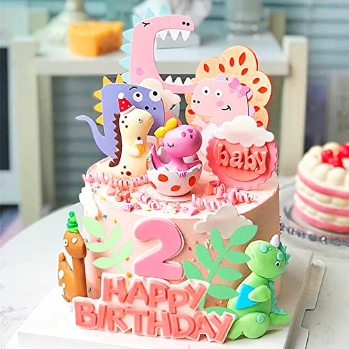 GallaRato Little Dino Birthday Cake Decoration Dinosaur Egg Cake Topper Little Dinosaur Birthday Party Supplies Three Rex Cake Decoration (Pink)