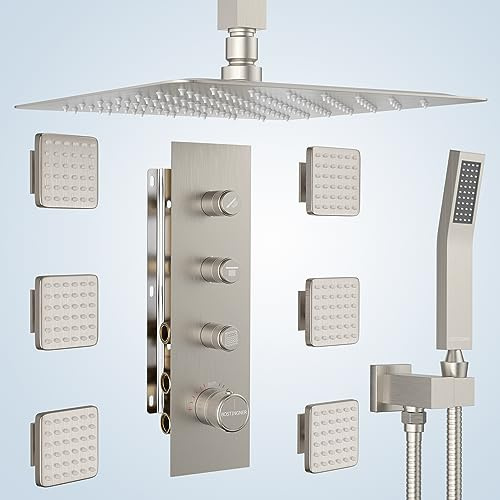 Bostingner Shower Faucet Set,16 Inch Thermostatic Shower System with 6 Body Spray Jets (Can All Run Together) Shower Faucets with Body Jets, Push Button Diverter Rainfall Shower Systems Brushed Nickel