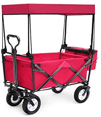 MOLVUS Household Folding Garden Trolley Cart Heavy Duty Wagon with Canopy Multi-Function Shopping Cart for Outdoor Camping Beach Pull Truck with 4 Wheels, Load：80Kg