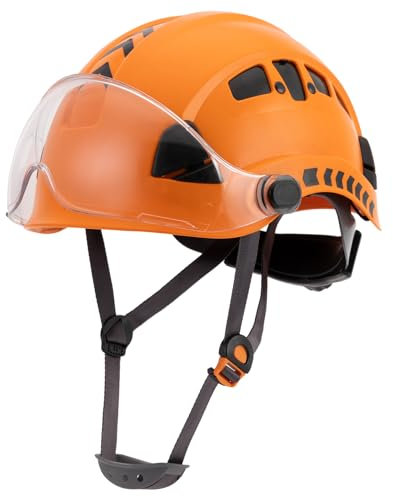 LOHASTOUR Safety Helmet with Visor Arborist Forestry Helmet ANSI Z89.1 Approved 6pt Adjustable Suspension Vented Hard Hat with Chin Strap for Men(P06 Orange+Clear Visor)