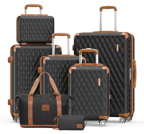 Melalenia Luggage Sets 7 Piece Suitcase Set, Hard Shell Carry on Luggage Travel Suitcases with Spinner Wheels and TSA Lock, Lightweight Luggage Set for Women, Black Brown