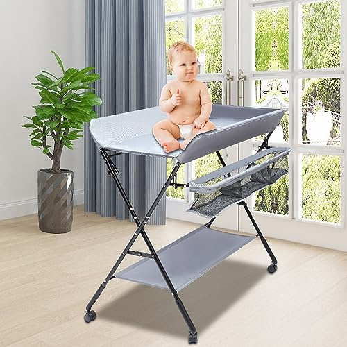 Klappbar Baby Wickeltisch Möbel Wickelauflage Tragbarer Wickelkommode Badewanne Wickel Auflage Baby Wickelkombi mit Rädern, Sicherheitsgurt, Höhenverstellbar (Schwarz)