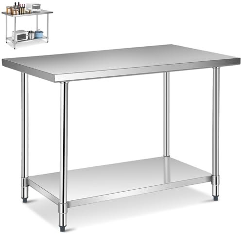 GiantexUK Stainless Steel Catering Table, 48x30Inch/48x24Inch/36x24Inch Commercial Work Table with Adjustable Shelf & Non-slip Footpads, Heavy Duty Food Prep Workbench for Kitchen Garage (122x76x92cm)