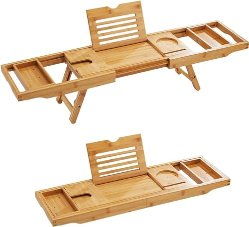 VIVAAS Bathtub Tray Bath Caddy Breakfast Tray Natural Bamboo Wood 2 in 1 Bath Tub Tray Bed Tray Expandable Luxury with Legs, Wine Glass Holder, Tablet Reading Stand, Phone Slot Present for Gift
